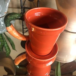 Ceramic Garden Pot Coffee Cup Mug & Saucer Carrot Handle Orange 10oz